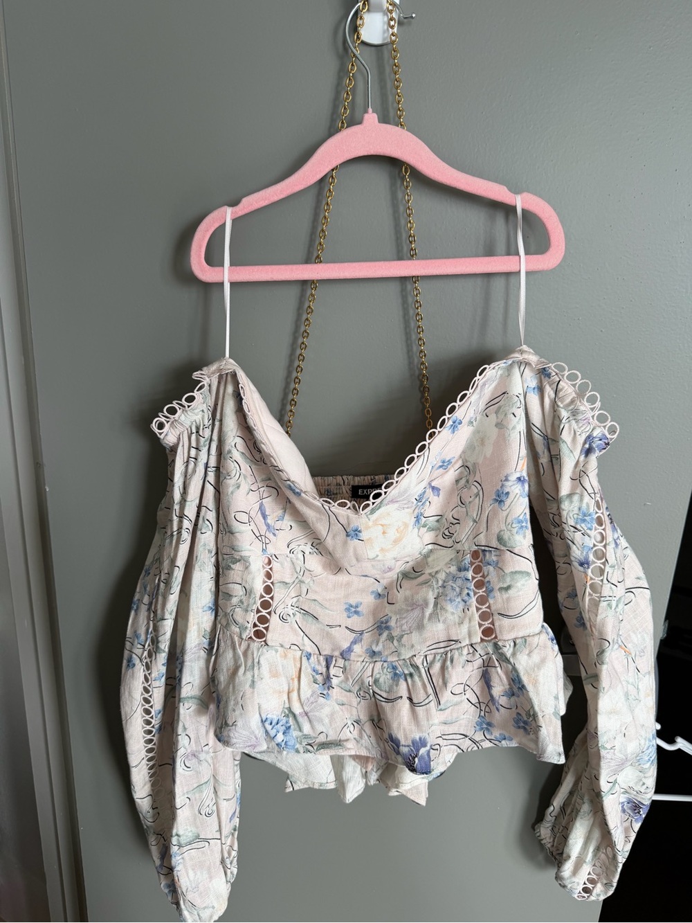 Express Cream Floral Off-Shoulder Peasant Blouse with Blue & Pink Accents